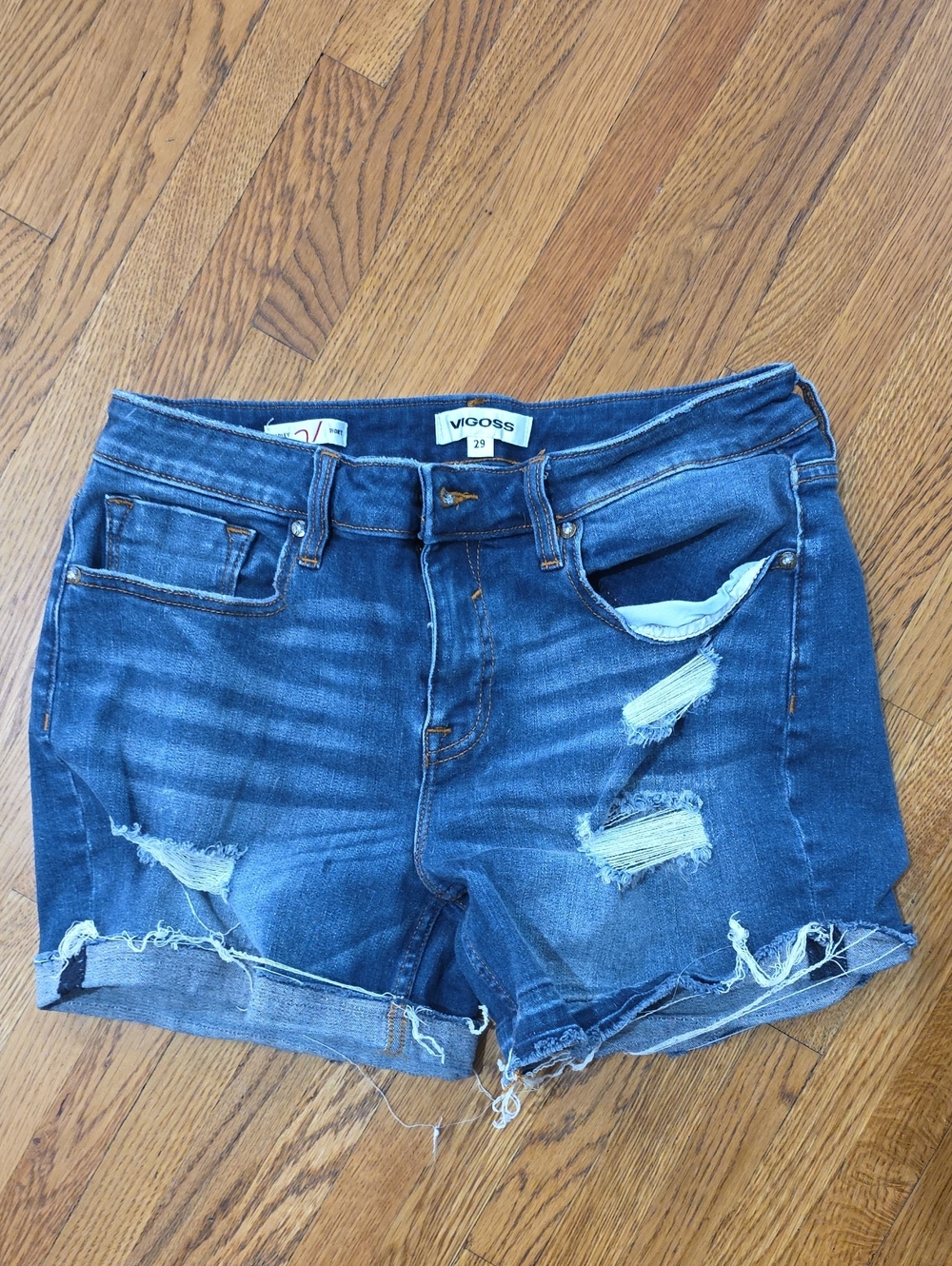 Vigoss Marley Short Distressed Dark Blue Denim Shorts with Frayed Hem Size 29